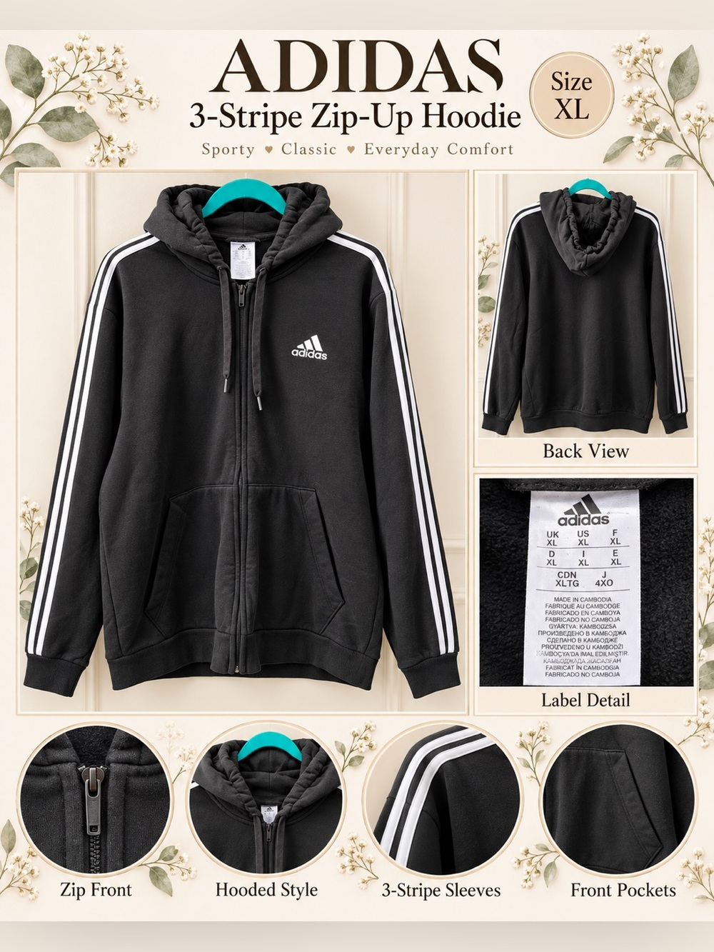 Adidas Black 3-Stripe Full Zip Hoodie XL Classic Logo Sweatshirt